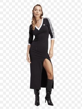 adidas Black Maxi Dress with White V‑Neck and Three Stripes